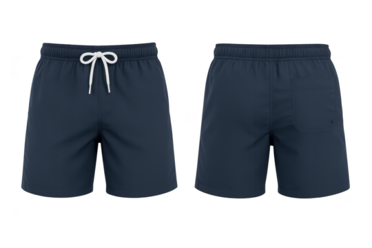 Stylish navy blue men's swim shorts, isolated on transparent background