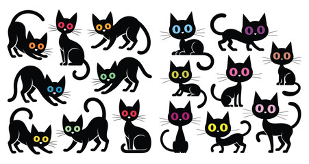 Set of sixteen cartoon black cats in varied poses with colorful eyes, playful expressions, and minimalist style, perfect for creative use