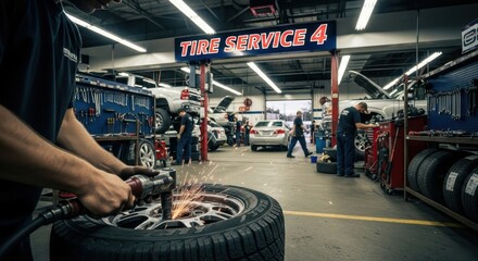 Fototapeta premium Automotive Tire Repair Shop Service Bay Maintenance Technician Working on Wheel