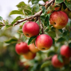 A close-up shot of ripe red apples on a tree branch, surrounded by lush green leaves, outdoors in natural light