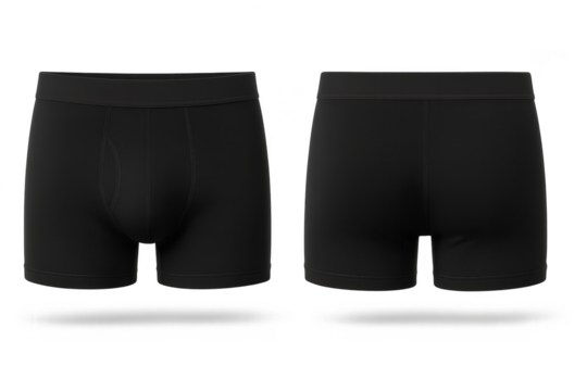 Men's black boxer briefs, front and back, isolated on transparent background.