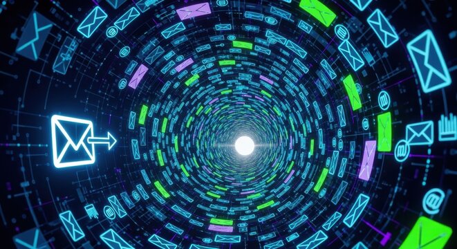 Digital Communication Tunnel With Emails Flying Through Futuristic Network System - Powered by Adobe