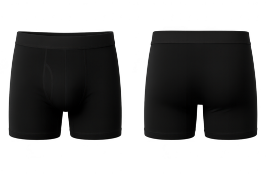 Black boxer briefs, front and back views, isolated on transparent background