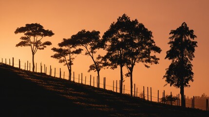 Silhouetted trees line a hillside against a warm, orange-toned sunrise or sunset sky