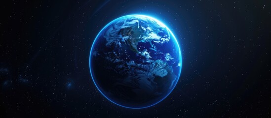 Fototapeta premium A digitally rendered Earth, glowing blue, set against a dark, star-studded backdrop. The planet is shown in detail, with visible landmasses and oceans