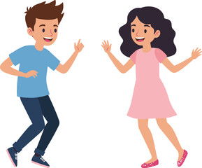 Cartoon boy and girl dancing happily, children having fun, kids playing together, happy childhood illustration, friendship, joy, fun activity drawingCartoon boy and girl dancing