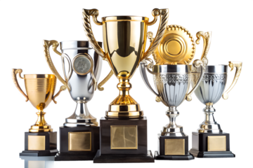 Collection of shiny gold and silver trophies