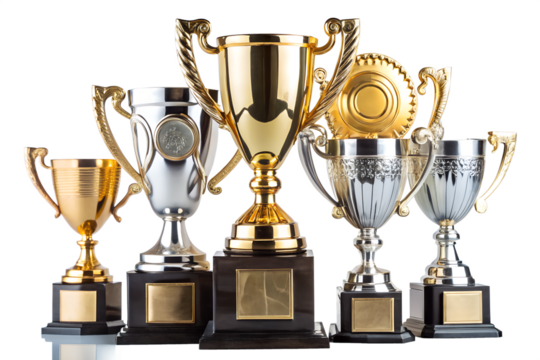 Collection of shiny gold and silver trophies