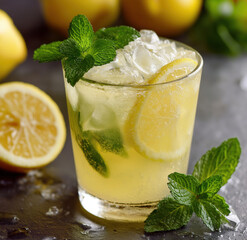 Fototapeta premium Refreshing lemon mint lemonade with crushed ice and citrus slice in glass, bright yellow drink garnished with fresh mint leaves and lemon wedge, cooling summer beverage with condensation