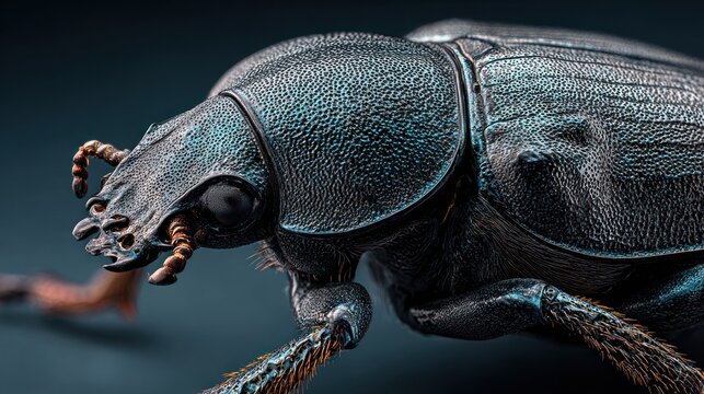 Detailed closeup of a black beetle's textured exoskeleton and delicate antenna details