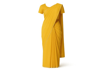 Yellow traditional Indian saree garment elegantly draped, isolated on transparent.