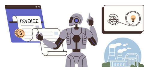 Fototapeta premium Robot reviews invoices, optimizes energy management, and addresses power efficiency on smart interfaces. Ideal for AI, automation, energy, billing, sustainability, innovation future concepts