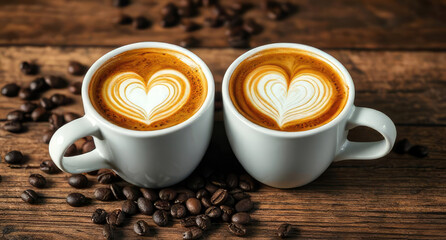 Two cups of coffee and roasted coffee beans on brown wooden rustic background with beautiful heart shape latte art.