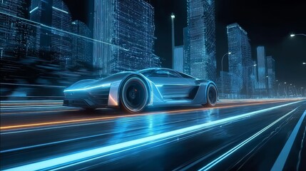 Futuristic sports car speeding through a neon-lit city at night