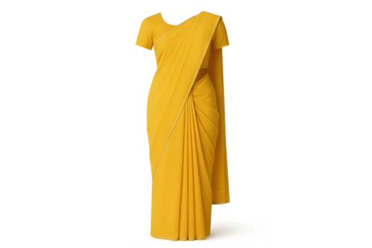 Yellow traditional Indian saree garment elegantly draped, isolated on transparent.