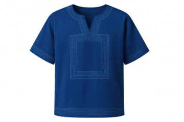 Blue Dashiki style shirt with geometric patterns, isolated on transparent background