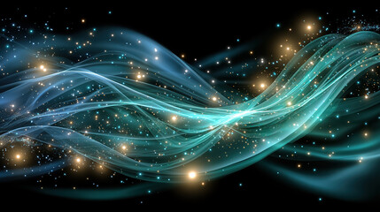 Obraz premium Abstract blue and green waves with sparkling stars create mesmerizing visual effect, evoking sense of wonder and tranquility