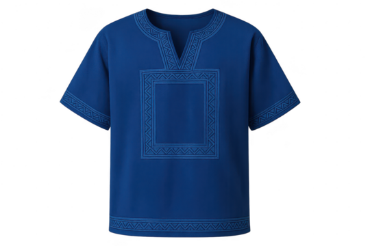 Blue Dashiki style shirt with geometric patterns, isolated on transparent background - Powered by Adobe