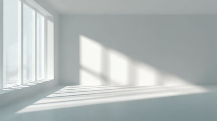 Empty minimalist room with sunlight streaming through large windows, casting shadows on white walls and floor