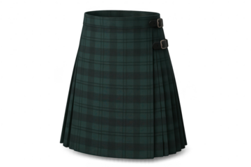 Dark green tartan kilt, pleats, buckles, isolated on transparent background.