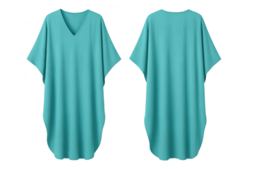 Vibrant teal kaftan dress, front and back, isolated on transparent background