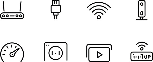 Network and internet icons, Wi-Fi, router, USB cable, power plug, speed test, video play, IP address, connectivity symbol, digital technology, online access