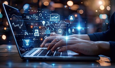 A person's hands typing on a laptop with digital icons and data visualizations emanating from the screen, set against a blurred background
