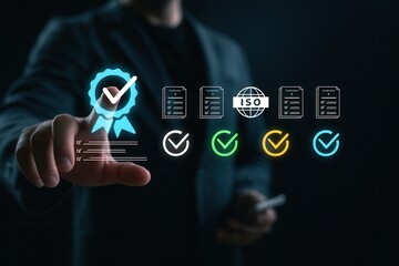 ISO certification quality assurance standards audit icon on digital interface,business compliance and document verification process,corporate accreditation checklist with guarantee label