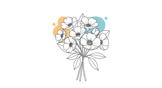 A delicate line drawing of a bouquet of anemone flowers with abstract colorful circles in the background.