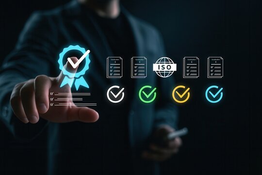 ISO certification quality assurance standards audit icon on digital interface,business compliance and document verification process,corporate accreditation checklist with guarantee label