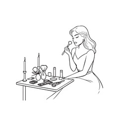 Black and white line art of a beautiful woman doing makeup at dressing table with mirror illustration