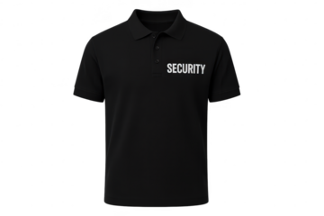 Black security polo shirt with "SECURITY" text isolated on transparent background.
