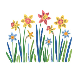 A simple and imaginative depiction of a daffodil patch with floating stars and colorful foliage.