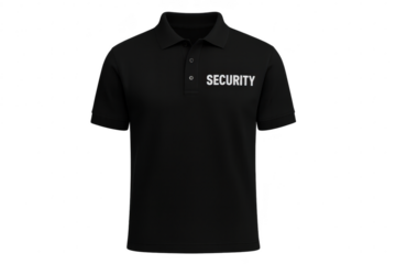 Black security polo shirt isolated on transparent background, professional uniform