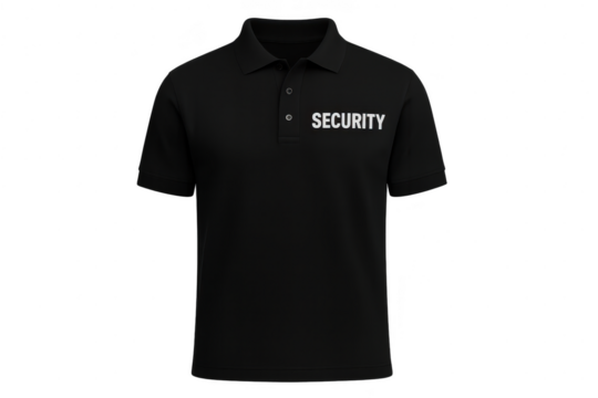 Black security polo shirt isolated on transparent background, professional uniform