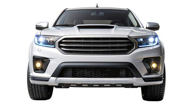 White Pickup Truck Frontal View with Aggressive Grille and Fog Lights automobile isolated on a transparent background