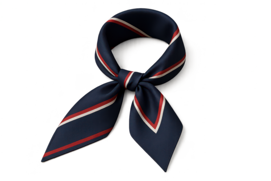 Elegant navy blue silk scarf with stripes isolated on transparent background