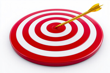 A golden arrow hits the center of a target's bullseye, white background