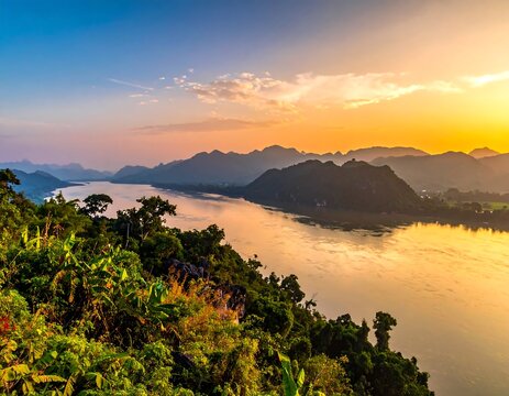 Panoramic sunset over a river valley - Powered by Adobe