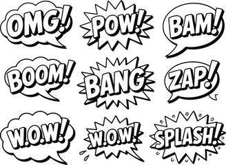 Fototapeta premium Comic book speech bubbles with action words in a retro style