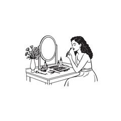 Black and white line art of a beautiful woman doing makeup at dressing table with mirror illustration