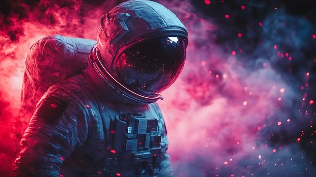 An astronaut stands defiantly against a vibrant cosmic backdrop of swirling red and purple nebulae, his helmet reflecting a universe of endless possibilities.