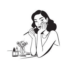Black and white line art of a beautiful woman doing makeup at dressing table with mirror illustration