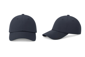 Fototapeta premium Navy blue baseball cap, front and side view isolated on transparent background