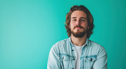 Confident Young Man with Long Hair and Beard Against a Turquoise Background