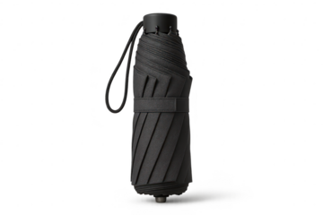 Folded black umbrella isolated on a transparent background, closed and compact