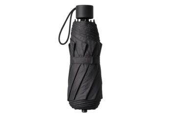 Closed black umbrella isolated on transparent background, folded, rain protection