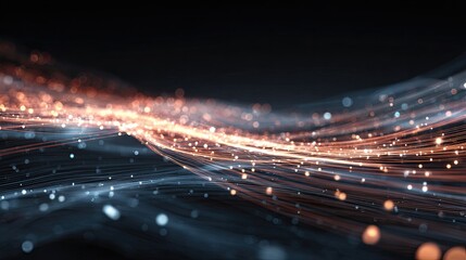 Abstract digital art of glowing particles and light trails against a dark background.