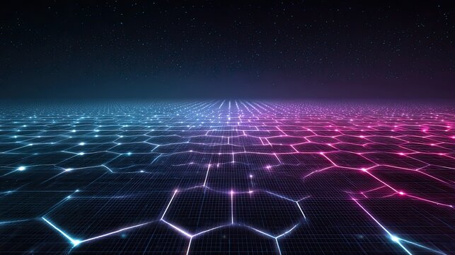 A futuristic digital landscape with a glowing hexagonal grid stretching into a dark, starry horizon, illuminated in blue and pink neon light.