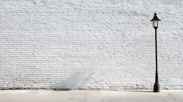 White brick wall with a black lamp post outside